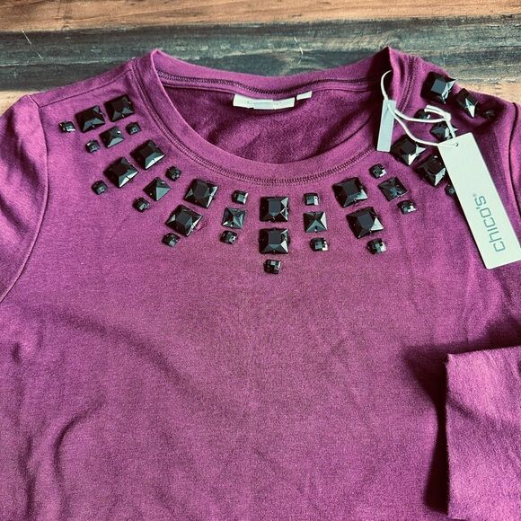 Chico’s Size 1 Zenergy Rhinestone Neck Sweatshirt - Picture 4 of 7